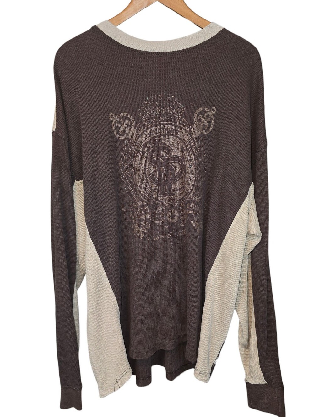 Y2K Southpole XL Brown Thermal Shirt Colorblock Graphic Sequin Streetwear - Picture 2 of 12